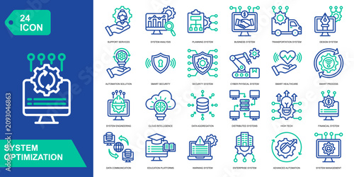 System Optimization icon collection set. Support Services,System Analysis,Planning System,Business System. Line Color Vector Icons