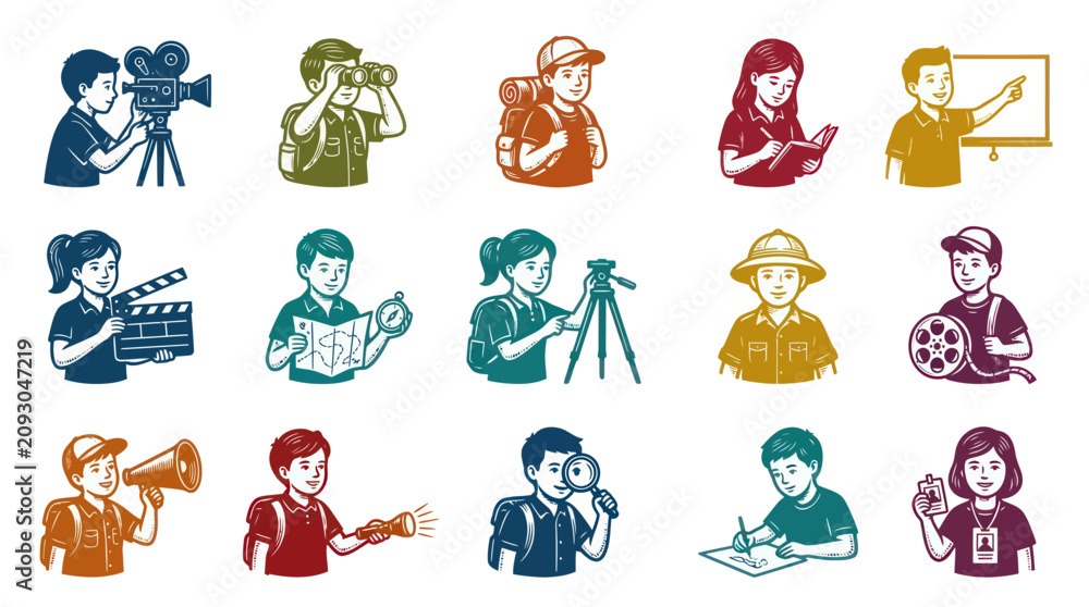 Obraz premium Vintage Line Art Illustration Set of Children Exploring, Learning, and Envisioning Professions