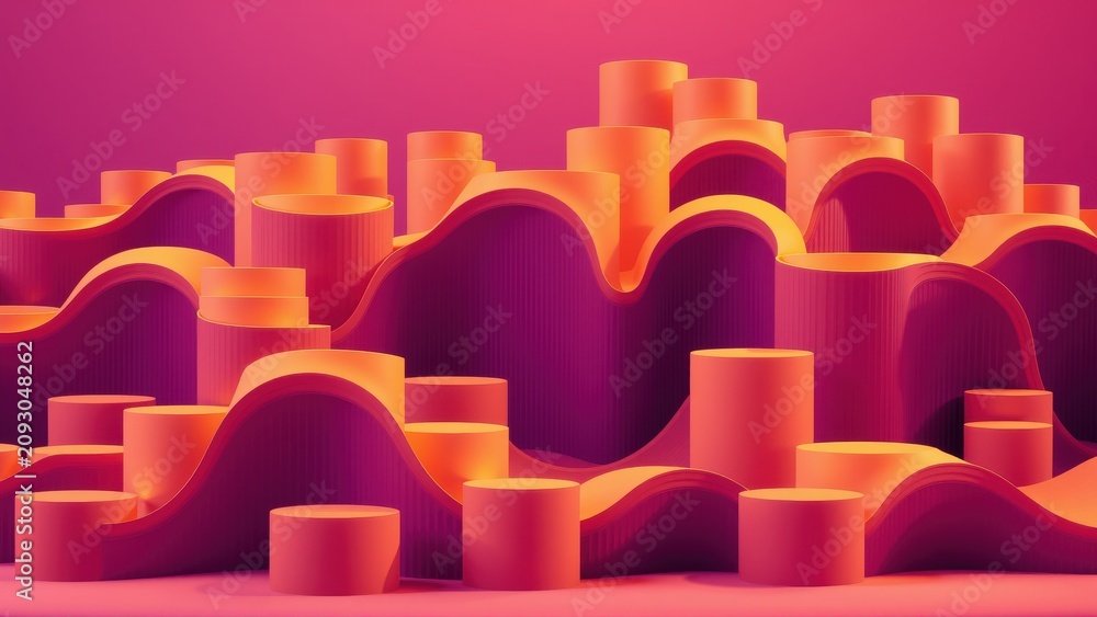 Fototapeta premium Abstract landscape. Smooth curves, cylindrical forms, vibrant pinks, oranges create dynamic composition. Modern digital art.