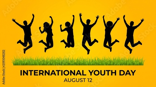 International Youth Day Vector Poster with Jumping People Silhouettes, August 12 Celebration Banner on Yellow Background with Green Grass
