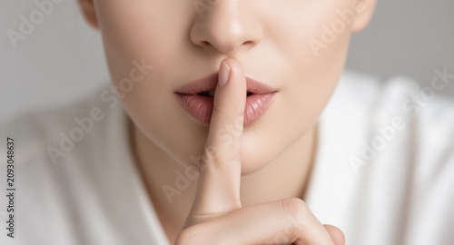 Young woman pressing index finger to lips calling for silence, shh sign. Woman demonstrating silence gesture touching finger to lips.