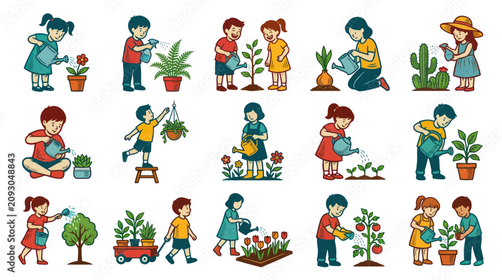 Naklejka premium Cheerful Cartoon Gardening: Kids and Adults Watering Plants, Growing Flowers and Vegetables Vector Set