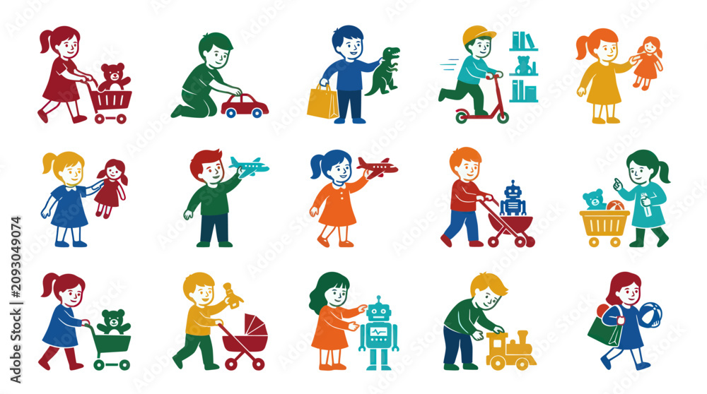 Fototapeta premium Happy Children Playing with Toys, Flat Design Vector Icons, Childhood Fun