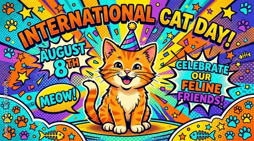 International Cat Day Banner Vector Illustration with Cute Orange Kitten in Pop Art Style for August 8th Feline Celebration