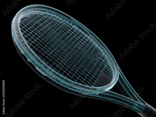 Transparent 3D rendering of a tennis racket with detailed strings and frame design