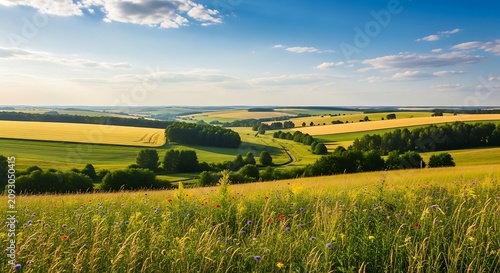 Idyllic Countryside Landscape with Rolling Fields and Blue Sky.