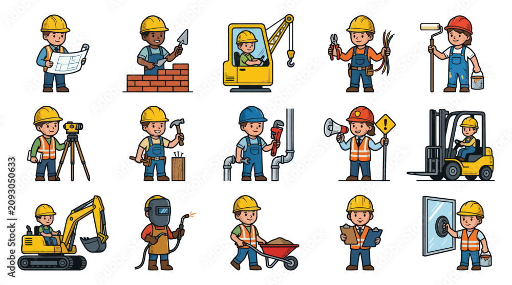Fototapeta premium Collection of Construction Industry Workers, Tools, and Heavy Equipment Flat Cartoon Vector Illustrations