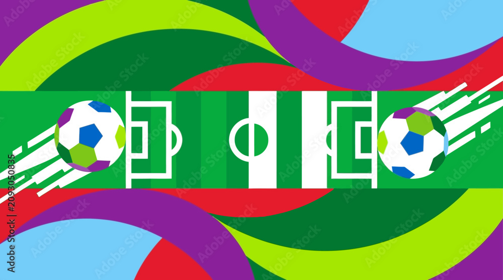 Fototapeta premium Vibrant illustration of soccer balls and stadiums in motion on a green field background
