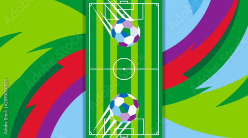 Foto Vibrant illustration of a soccer game with two balls on a green field surrounded by colorful streaks