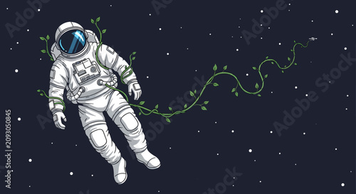 Obraz na plátně Astronaut floating in space with a growing vine.