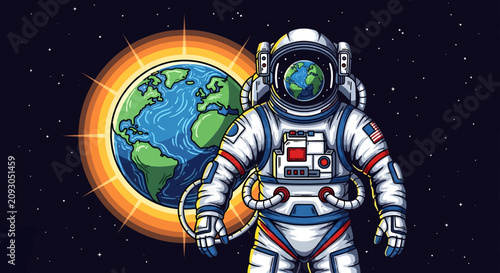 Bild auf Leinwand Astronaut in Space with Earth and Sun Illustration.