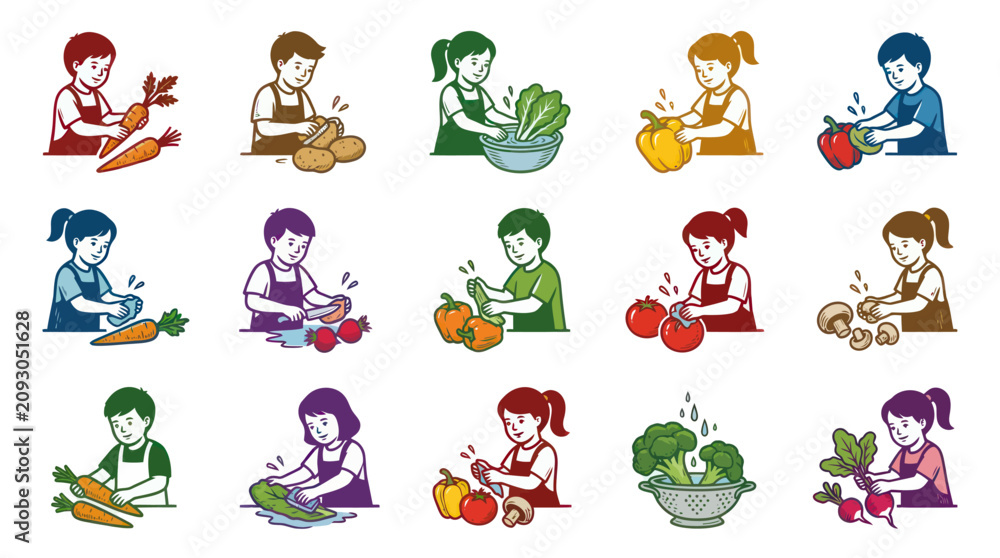 Obraz premium Children Preparing Fresh Vegetables, Healthy Food, Flat Illustration