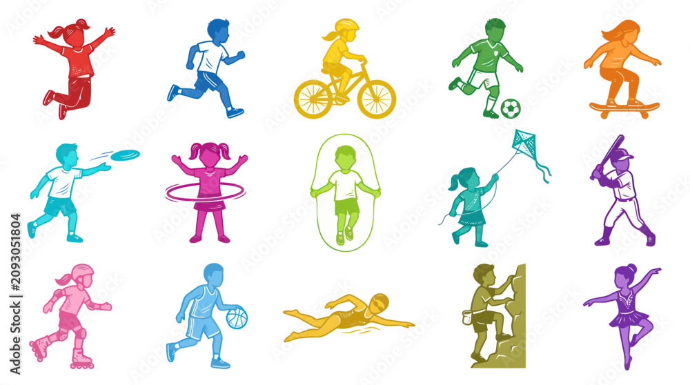 Fototapeta premium Colorful Flat Vector Art Collection of Children Playing Sports and Recreational Activities. Active Kids Illustrations