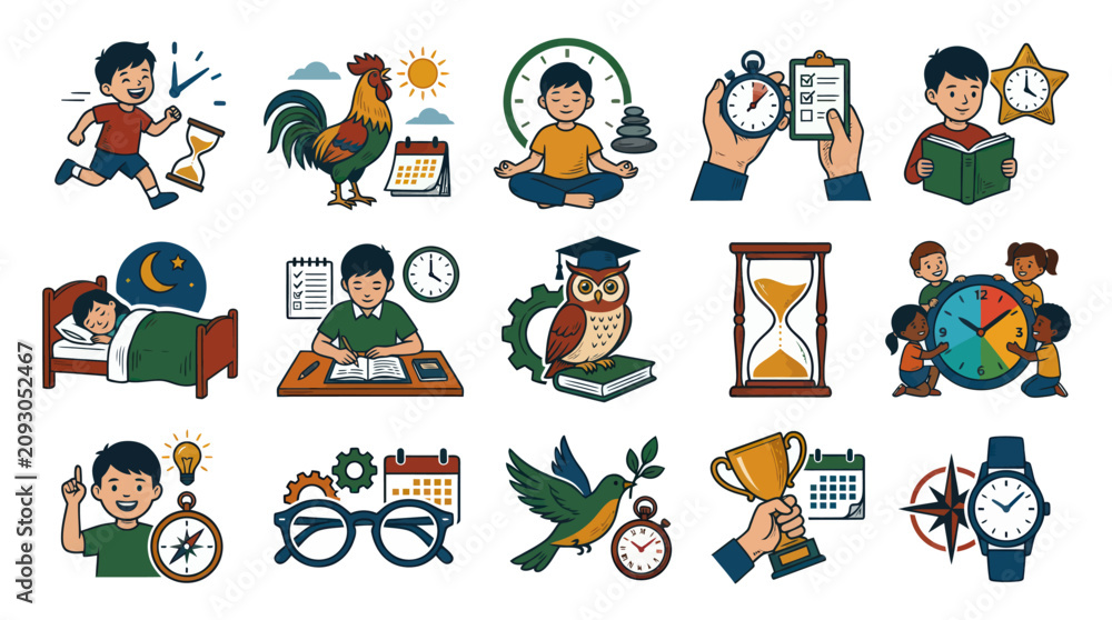 Fototapeta premium Illustration of Time Management, Productivity, and Education Icons with Flat Design Style