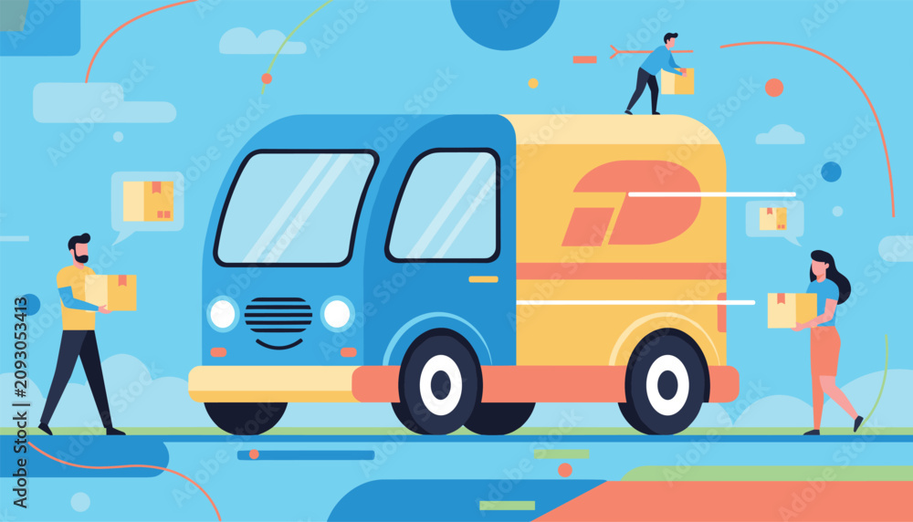 Fototapeta premium Fast delivery service concept with tiny couriers loading cardboard boxes into a bright blue and yellow transport truck.