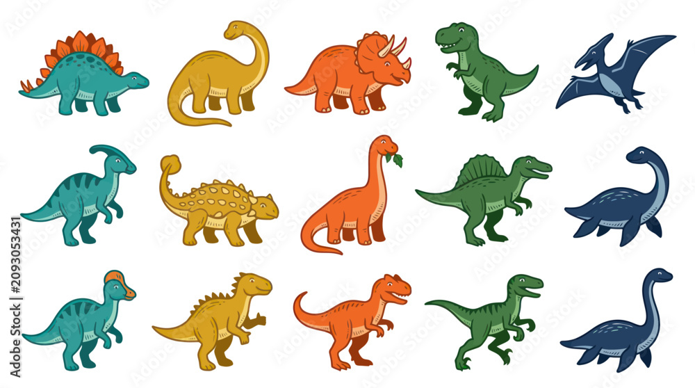 Obraz premium Cute Cartoon Dinosaurs Set - Flat Vector Illustration for Kids