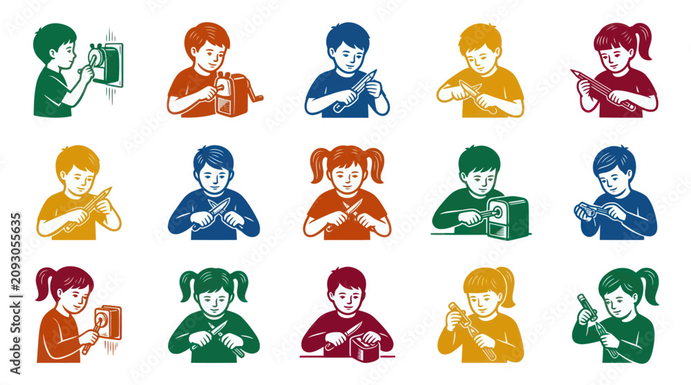 Fototapeta premium Children Sharpening Pencils with Sharpeners, Flat Vector Icons Set