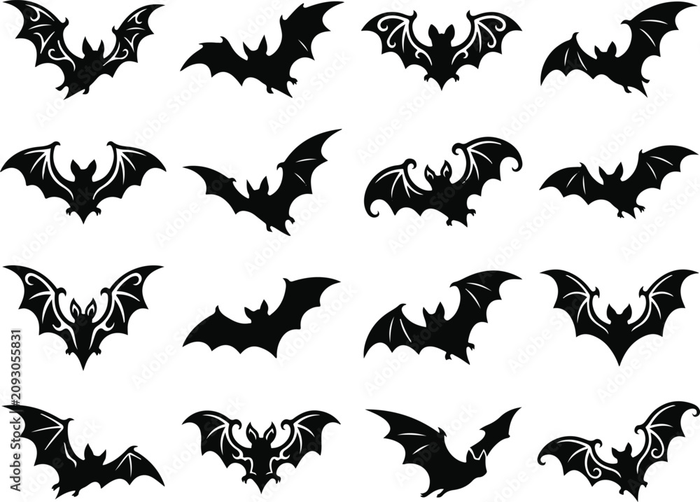 Obraz premium Black silhouette bat collection for halloween designs and gothic graphics