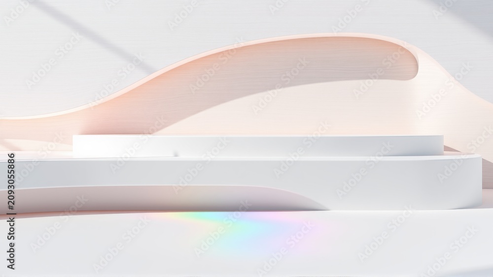 Naklejka premium Abstract composition. Soft curves, white platforms, pastel shades create minimalist scene. Rainbow reflection adds subtle color.