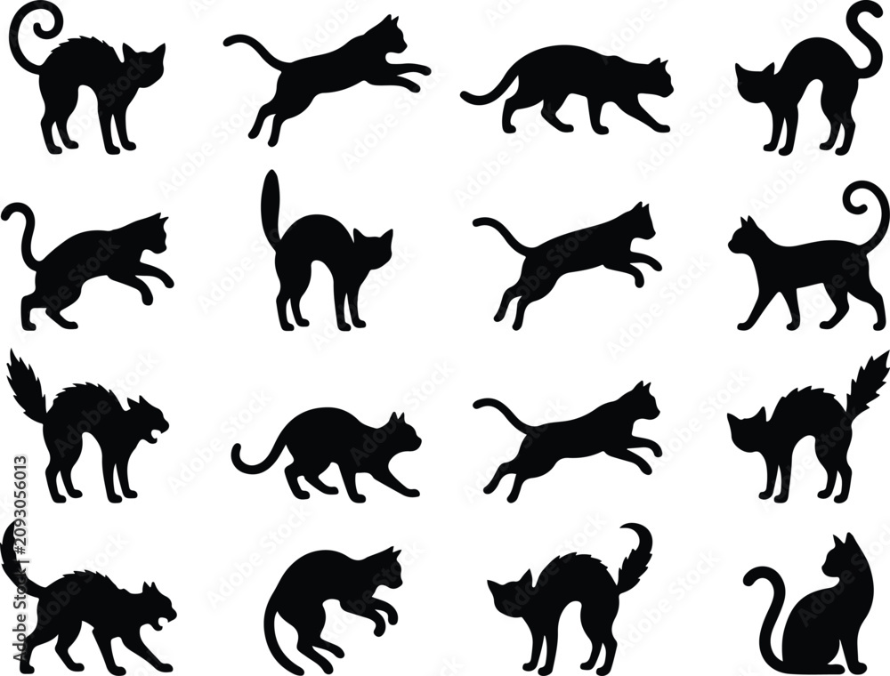 Fototapeta premium Black cat silhouettes collection diverse poses and activities