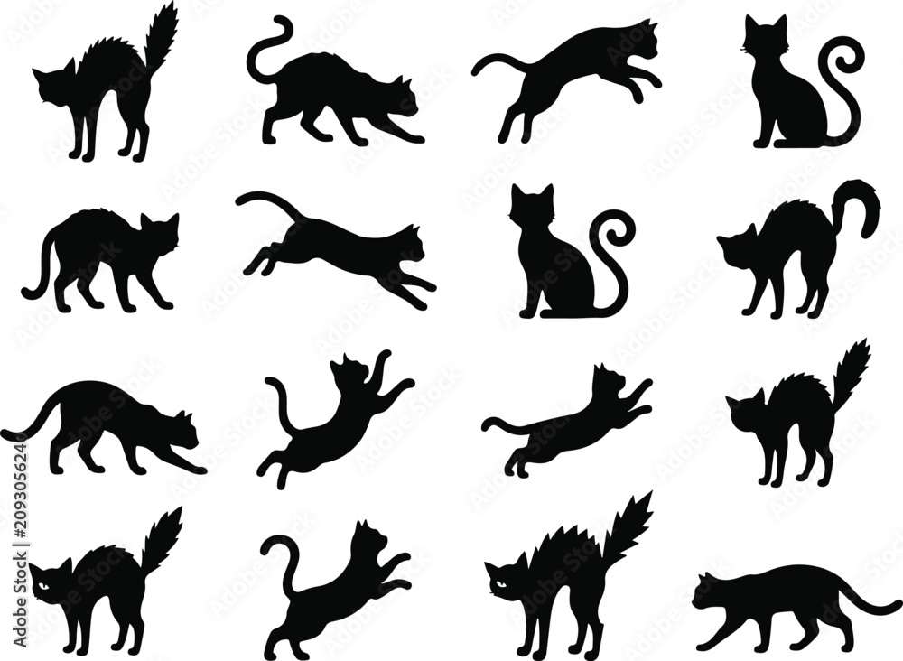 Fototapeta premium Black cat silhouettes collection diverse poses for halloween and design projects