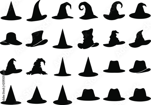 Collection of black silhouette witch hats and various hat styles