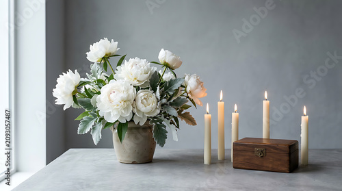 Elegant floral arrangement with white flowers and lit candles on a gray surface capturing a peaceful and sophisticated ambiance