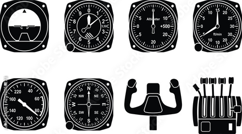 Obraz na płótnie Aircraft cockpit instrument icons set featuring airplane flight gauges, altimete