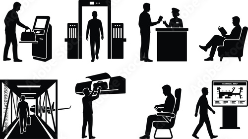 Konstfotografi Airport passenger icons and travel silhouettes set featuring security check, sel
