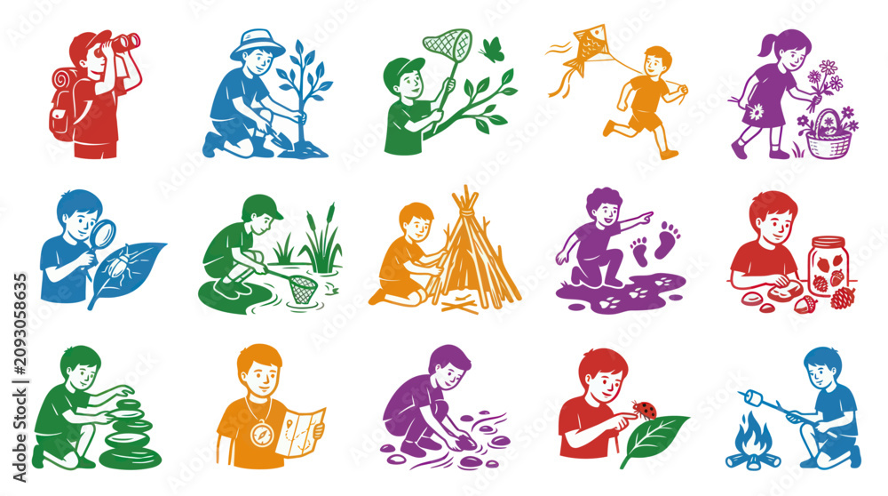 Obraz premium Flat Vector Glyph Icons: Children's Outdoor Nature Exploration, Camping, and Learning Activities Set