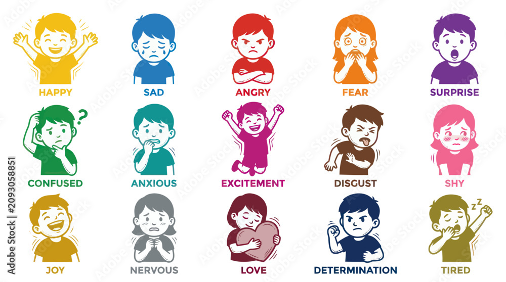 Obraz premium Cartoon Vector Illustration of Children's Emotions and Feelings. Educational Set for Kids Psychology.