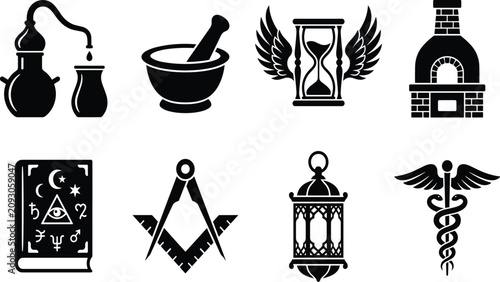 Fotografía Collection of black alchemy and masonic icons featuring hourglass with wings cad