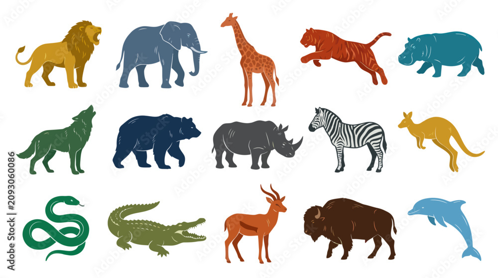 Obraz premium Flat Vector Icons Set of Wild Animals