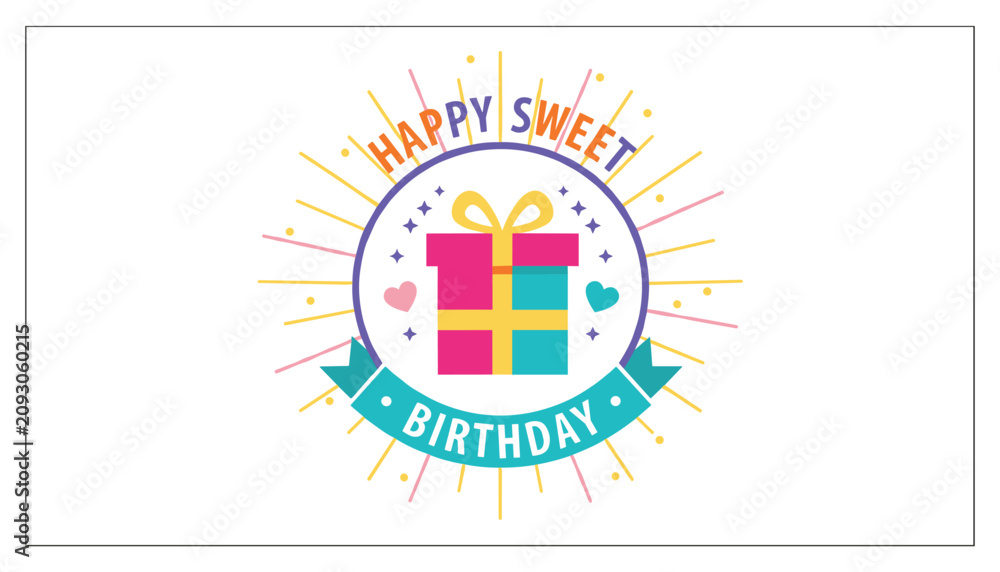 Fototapeta premium Colorful birthday celebration badge featuring a pink and blue present box in a circle frame with starburst rays.