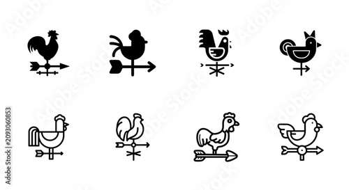 Bild auf Leinwand Weather vane rooster silhouettes black line art on white background