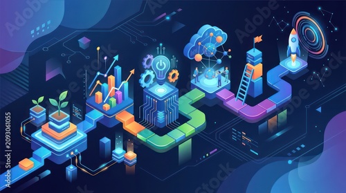 Isometric business growth roadmap with digital transformation and innovation concepts.