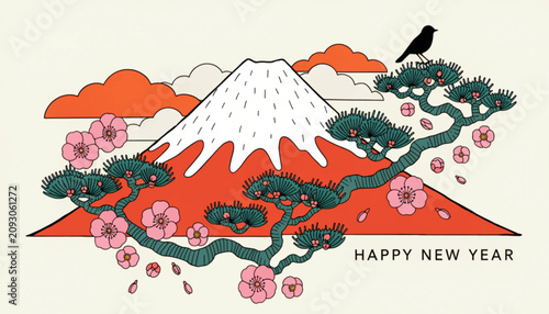 Japanese New Year, Mount Fuji illustration, Cherry blossom tree, Happy New Year greeting