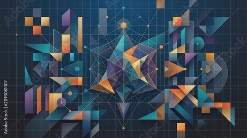 Abstract geometric composition with colorful triangles and digital circuit patterns on dark background.