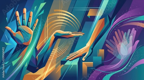 Abstract digital illustration featuring human hands reaching out in a colorful geometric space.