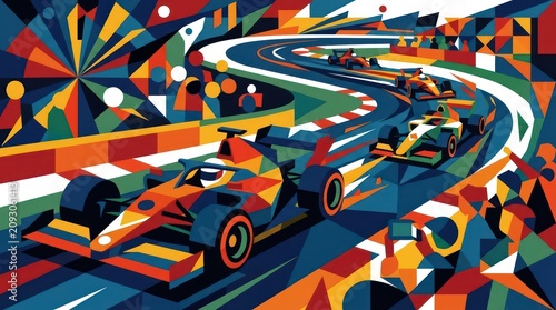 Abstract Geometric Formula One Racing Cars Competing on a Colorful Track.