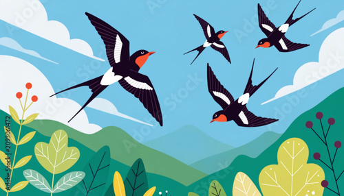 Flying Swallows, Bird Illustrations, Nature Scenes, Wildlife Art, Colorful Mountains