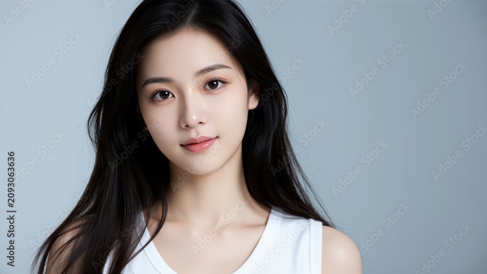 Fototapeta premium Young Woman Portrait: A young Asian woman with long, dark hair and a gentle expression gazes calmly at the viewer, her subtle smile hinting at inner confidence.
