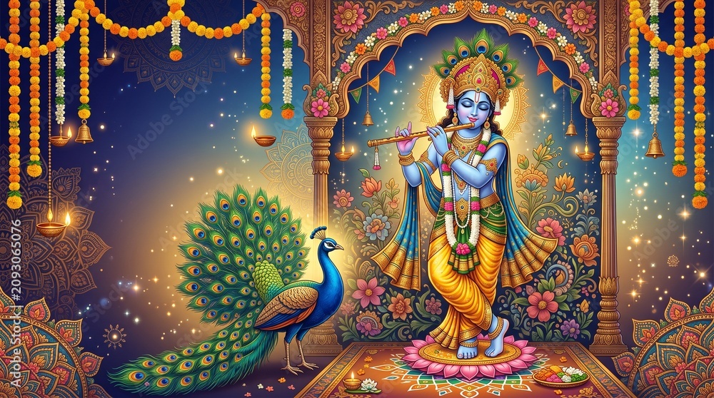 Fototapeta premium Krishna Janmashtami gradient banner in royal blue and gold tones, Lord Krishna playing flute with peacock feathers and divine aura