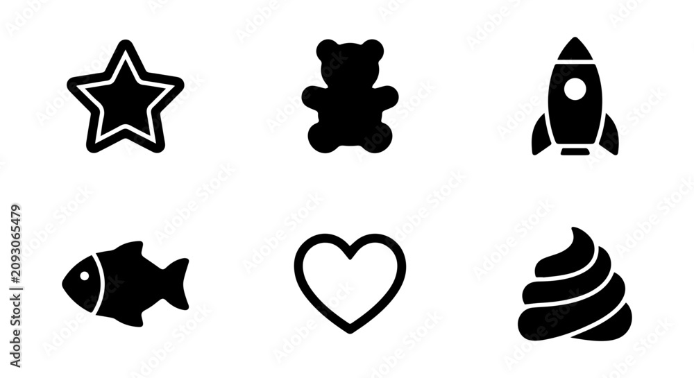 Fototapeta premium Simple Black Icons: Star, Teddy Bear, Rocket, Fish, Heart, Poop Emojis