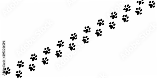 Tableau sur toile Black paw prints arranged in a diagonal line on a white background