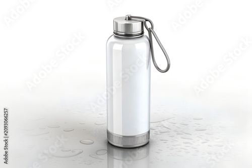 Glossy white reusable water bottle with a silver metallic cap featuring a convenient carrying loop standing upright on a reflective surface covered with small water droplets