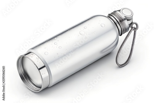 Shiny metallic water bottle featuring a sleek cylindrical design with cool condensation droplets isolated on a clean white background for modern hydration and health lifestyle