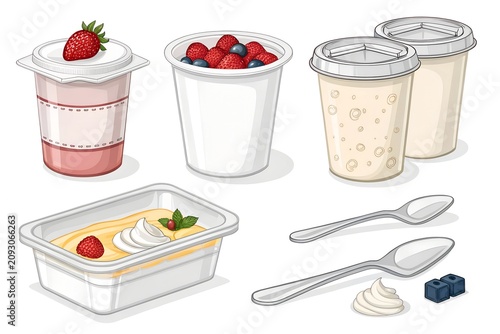 Several plastic containers filled with healthy dairy yogurt topped with fresh strawberries and blueberries alongside metallic spoons on a clean white isolated studio background surface