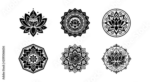 Принти на полотні Black Lotus Mandala Vector Set, Intricate Floral Geometric Designs, Spiritual Ze
