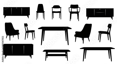 Cuadro en lienzo Black silhouettes of modern furniture on white background with furniture pieces